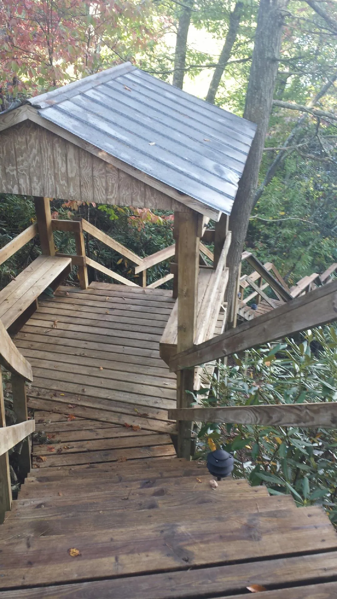 Metal roofed shelter over wooden steps on a wooded walkway — Skylight Repair & Installation work by our crew in Rantoul